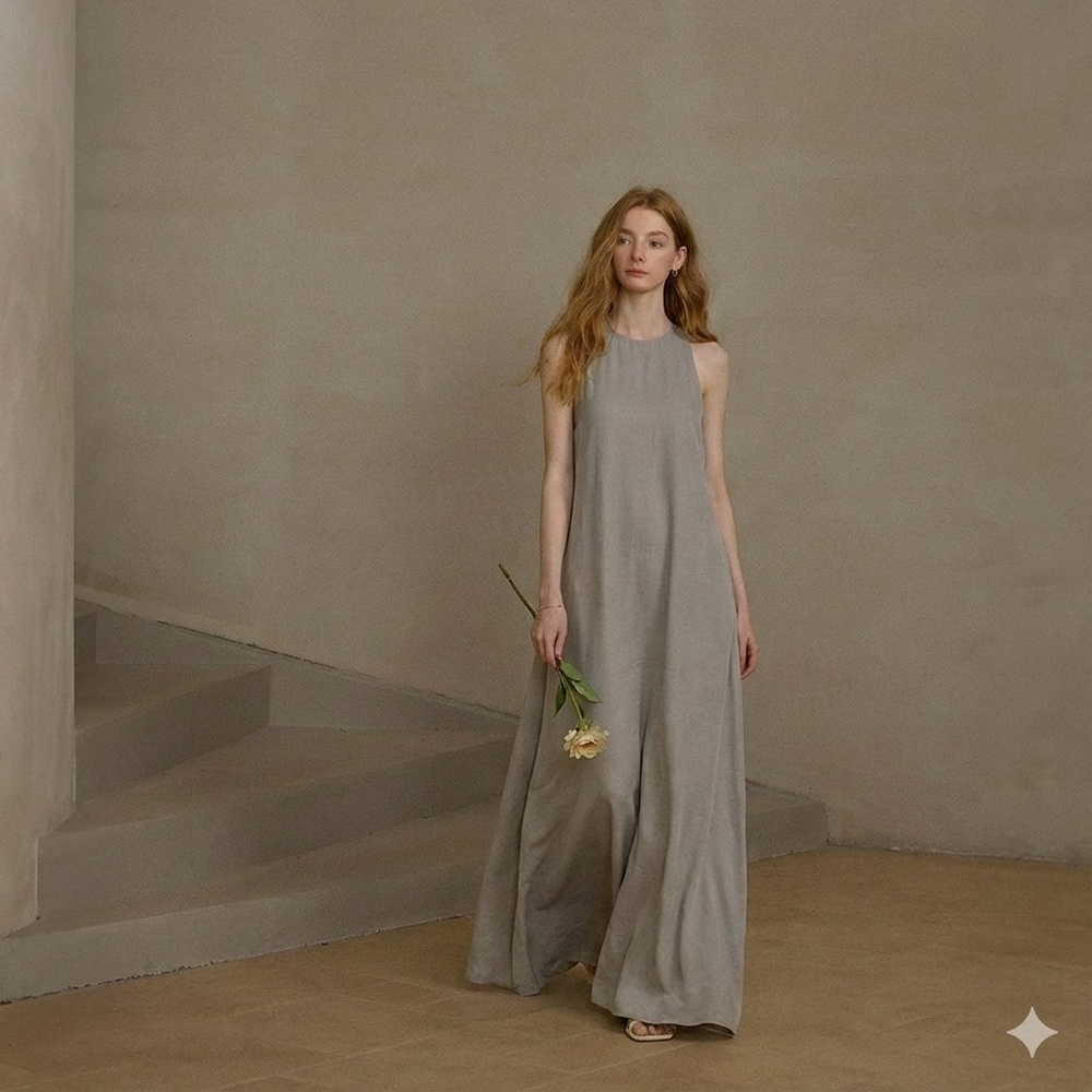 ZARA High-Neck Maxi Slip Dress – Soft Taupe, Size M